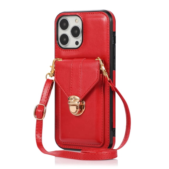 ELEHOLD Crossbody Wallet Case for iPhone 16 Pro,Back Credit Card Holder Metal Snap Luxury Purse Case with Shoulder Strap for Women Girls for iPhone 16 Pro,Red