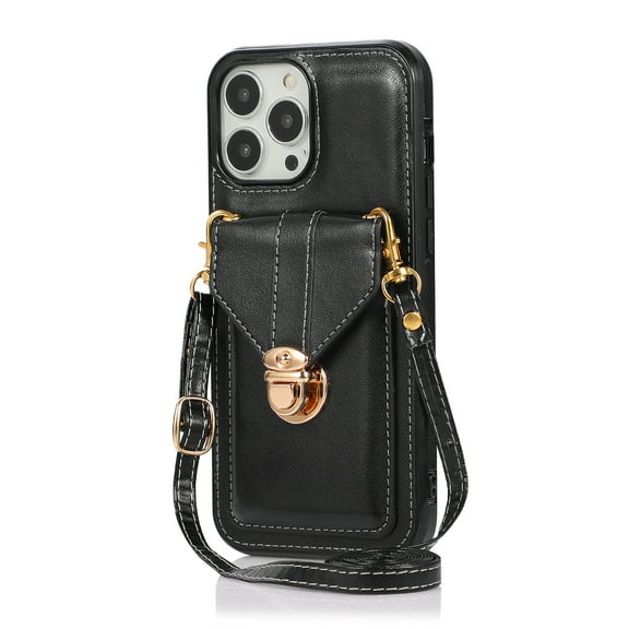 ELEHOLD Crossbody Wallet Case for iPhone 16 Pro Max,Back Credit Card Holder Metal Snap Luxury Purse Case with Shoulder Strap for Women Girls for iPhone 16 Pro Max ,Black
