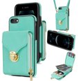 thumbnail image 1 of ELEHOLD Crossbody Wallet Case for iPhone 7/8/SE 2020 2022 4.7",Premium Leather Case with Card Holders Zipper Pocket Metal Snap Stand Function Detachable Shoulder Strap Luxury Case for Women,Mint, 1 of 11
