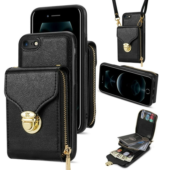 ELEHOLD Crossbody Wallet Case for iPhone 7/8/SE 2020 2022 4.7",Premium Leather Case with Card Holders Zipper Pocket Metal Snap Stand Function Detachable Shoulder Strap Luxury Case for Women,Black