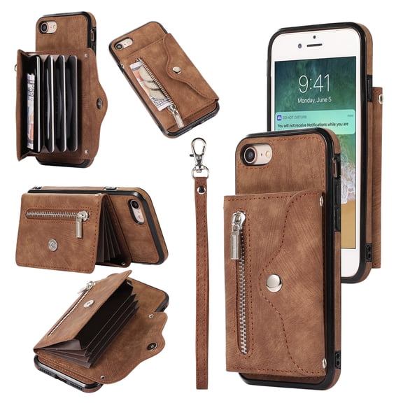 ELEHOLD Crossbody Wallet Case for  iPhone 8 / 7 / SE 2022 2020 4.7" with RFID Card Slots Zipper Pocket Kickstand Function Shockproof Purse Case with Detachable Shoulder Strap,Brown