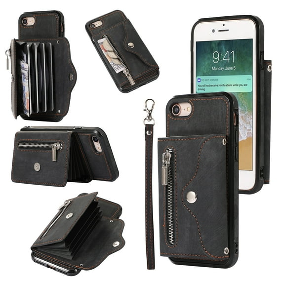 ELEHOLD Crossbody Wallet Case For iPhone 8 Plus/7 Plus,with RFID Card Slots Zipper Pocket Kickstand Function Shockproof Purse Case with Detachable Shoulder Strap,Black