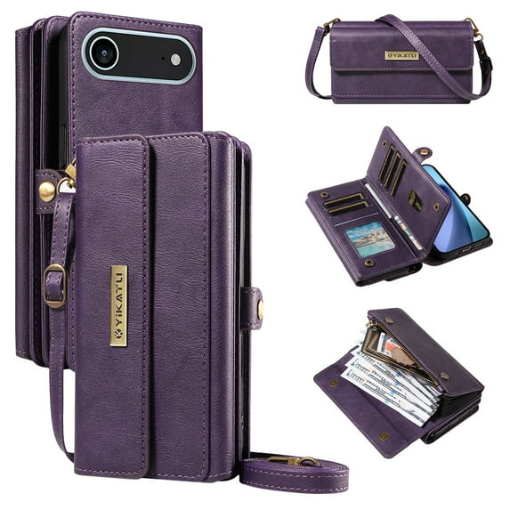 ELEHOLD Crossbody Wallet Case for iPhone Air, Shockproof Heavy Duty Luxury PU Leather Flip RFID Blocking Card Slots Shock-Absorbent Protective Cover with Shoulder Strap ,Purple