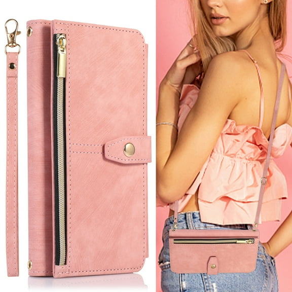 ELEHOLD Crossbody Wallet Case for iPhone XS Max, Zipper Purse Case Card Holder with Kickstand Detachable Wrist Strap Lanyard, PU leather Flip Folio Case,Pink