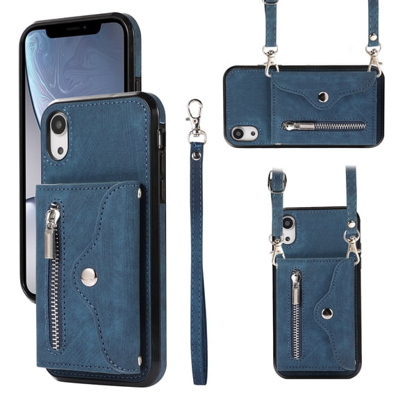 ELEHOLD Crossbody Wallet Case For iPhone XS Max,with RFID Card Slots Zipper Pocket Kickstand Function Shockproof Purse Case with Detachable Shoulder Strap,Blue