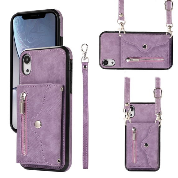 ELEHOLD Crossbody Wallet Case For iPhone XS/X,with RFID Card Slots Zipper Pocket Kickstand Function Shockproof Purse Case with Detachable Shoulder Strap,Purple