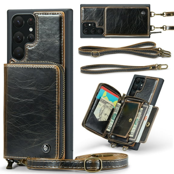 ELEHOLD Crossbody Wallet Phone Case for Samsung Galaxy S21 Ultra, Zipper Pocket Card Holders Detachable Crossbody Strap Lanyard RFID Blocking Soft Leather Protective Case,Coffee