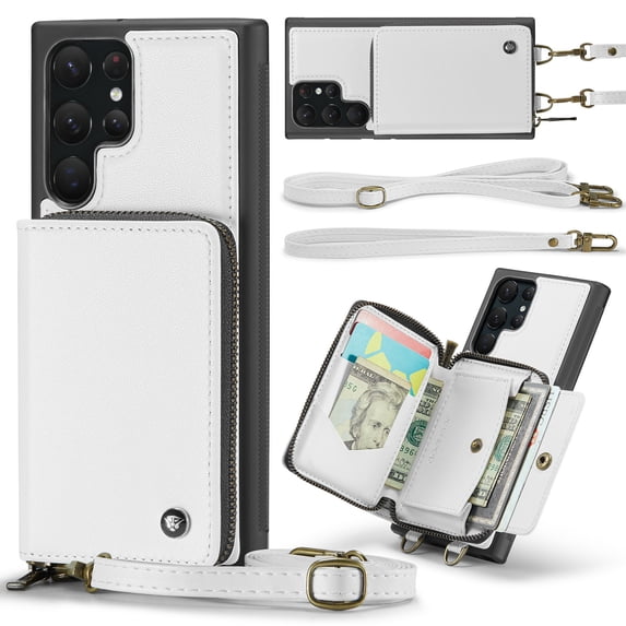ELEHOLD Crossbody Wallet Phone Case for Samsung Galaxy S21 Ultra, Zipper Pocket Card Holders Detachable Crossbody Strap Lanyard RFID Blocking Soft Leather Protective Case,White