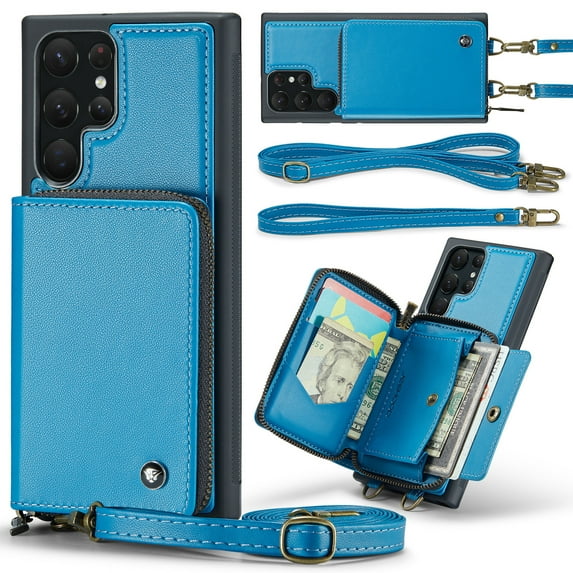 ELEHOLD Crossbody Wallet Phone Case for Samsung Galaxy S21 Ultra, Zipper Pocket Card Holders Detachable Crossbody Strap Lanyard RFID Blocking Soft Leather Protective Case,Blue