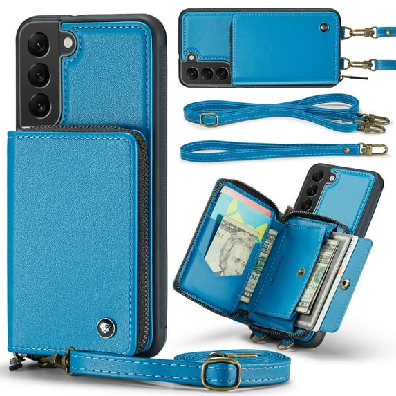 ELEHOLD Crossbody Wallet Phone Case for Samsung Galaxy S22 Plus, Zipper Pocket Card Holders Detachable Crossbody Strap Lanyard RFID Blocking Soft Leather Protective Case,Blue