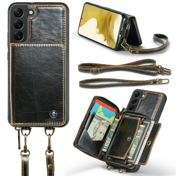 ELEHOLD Crossbody Wallet Phone Case for Samsung Galaxy S22, Zipper Pocket Card Holders Detachable Crossbody Strap Lanyard RFID Blocking Soft Leather Protective Case,Coffee