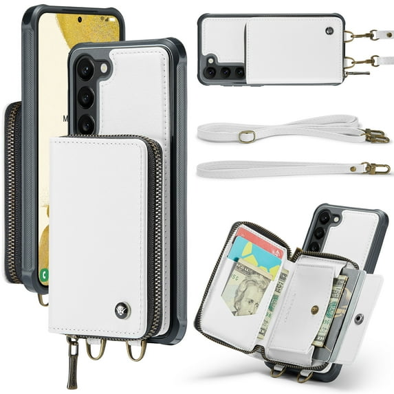 ELEHOLD Crossbody Wallet Phone Case for Samsung Galaxy S23 Plus/S23+ 6.6", Zipper Pocket Card Holders Detachable Crossbody Strap Lanyard RFID Blocking Soft Leather Protective Case,White