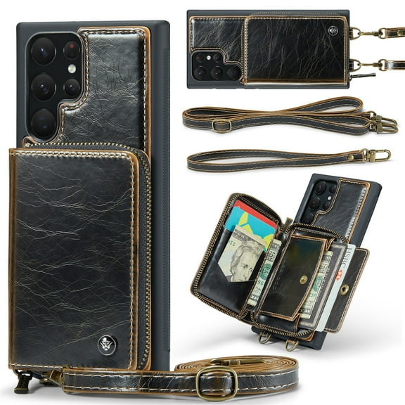 ELEHOLD Crossbody Wallet Phone Case for Samsung Galaxy S23 Ultra 6.8", Zipper Pocket Card Holders Detachable Crossbody Strap Lanyard RFID Blocking Soft Leather Protective Case,Coffee