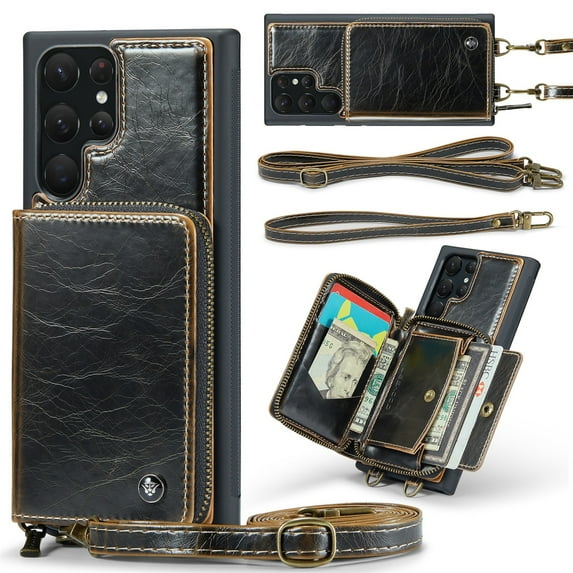 ELEHOLD Crossbody Wallet Phone Case for Samsung Galaxy S23 Ultra 6.8", Zipper Pocket Card Holders Detachable Crossbody Strap Lanyard RFID Blocking Soft Leather Protective Case,Coffee