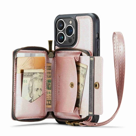 ELEHOLD Crossbody Wallet Phone Case for iPhone 13 Pro Max 6.7inch, Zipper Pocket Card Holders Detachable Crossbody Strap Lanyard RFID Blocking Soft Leather Protective Case,Rosegold