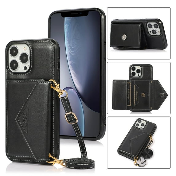 ELEHOLD Crossbody Wallet Phone Case for iPhone 15 Pro with Detachable Shoulder Strap,Magnetic Clasp Credit Card Holders PU Leather Kickstand Shockproof Purse Case 6.1" for Women Girls,Black