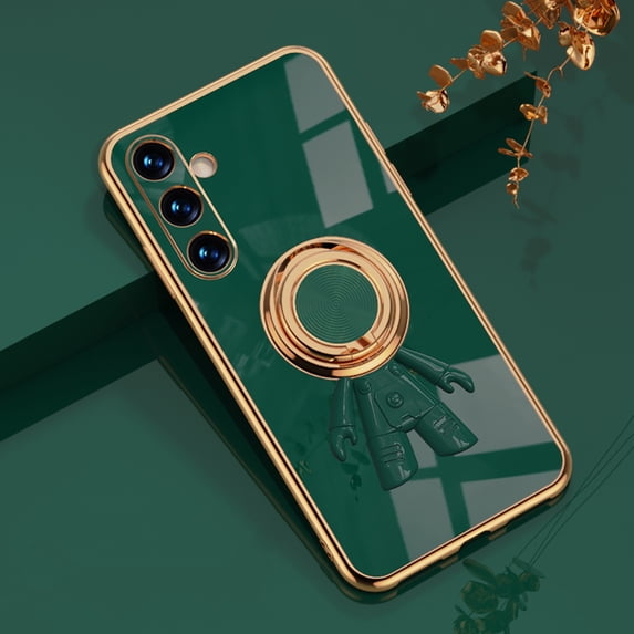ELEHOLD Cute Case for Samsung Galaxy A34 5G Ultra Slim Thin Three-Dimensional Astronaut Hidden Kickstand Finger Ring Gold Plating Shockproof Case,Darkgreen