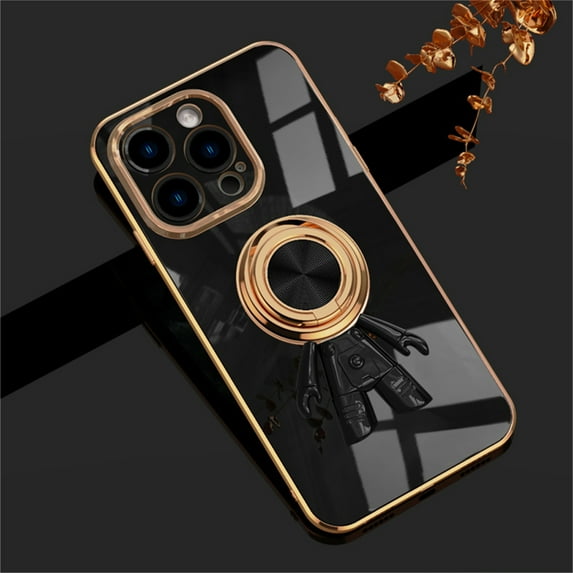 ELEHOLD Cute Case for iPhone 15 Pro Max Ultra Slim Thin Three-Dimensional Astronaut Hidden Kickstand Finger Ring Holder Stand Gold Plating Shockproof Case for iPhone 15 Pro Max,Black