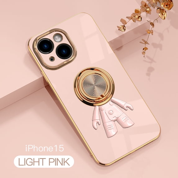 ELEHOLD Cute Case for iPhone 15 Ultra Slim Thin Three-Dimensional Astronaut Hidden Kickstand Finger Ring Holder Stand Gold Plating Shockproof Case for iPhone 15,Lightpink