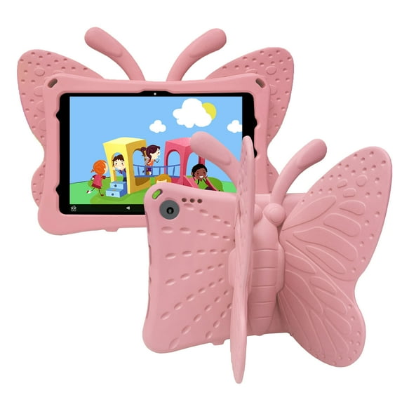 ELEHOLD Cute Kids Case for Amazon Kindle Fire HD 8 2024/2022/2020 HD 8 Plus 2020 Kids Friendly EVA Butterfly Wings Kickstand Heavy Duty Rugged Shockproof Protective Case,Pink