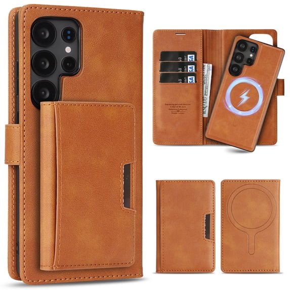 ELEHOLD Detachable Magnetic Wallet Case for Samsung Galaxy S24, 3-in-1 PU Leather Folio Kickstand Card Slots Mag Safe Charging Detachable Flip Wallet Case Cover with Card Holder,Brown