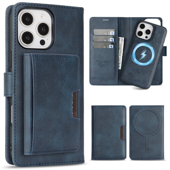 ELEHOLD Detachable Magnetic Wallet Case for iPhone 15 Plus, 3-in-1 PU Leather Folio Kickstand  Card Slots Mag Safe Charging Detachable Slim Business Flip Wallet Case Cover with Card Holder,Blue