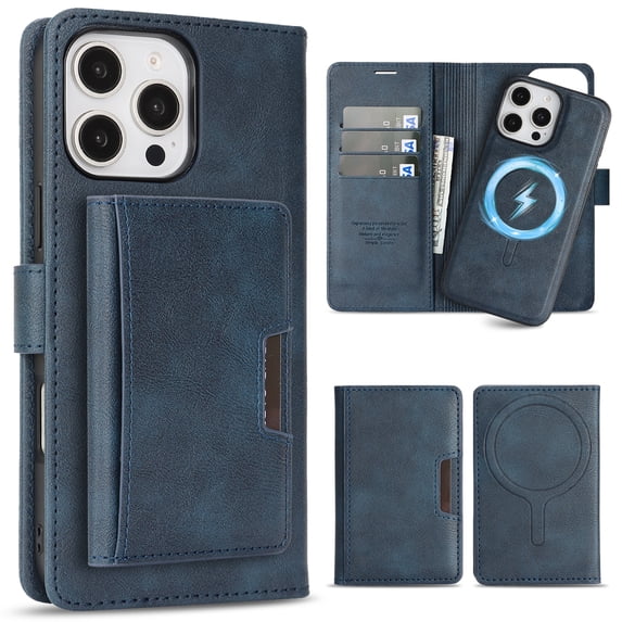 ELEHOLD Detachable Magnetic Wallet Case for iPhone 16, 3-in-1 PU Leather Folio Kickstand Card Slots Mag Safe Charging Detachable Slim Business Flip Wallet Case Cover with Card Holder,Blue