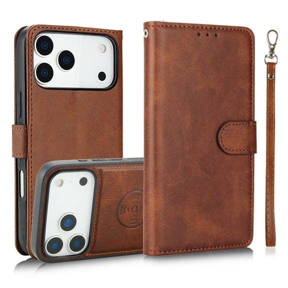 ELEHOLD Detachable Wallet Case For iPhone 17 Pro Max,Shockproof Slim Leather TPU Inner Stand Detachable Card Holder Wallet Case With Wrist Strap ,Brown