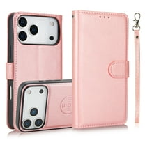 ELEHOLD Detachable Wallet Case For iPhone 17 Pro,Shockproof Slim Leather TPU Inner Stand Detachable Card Holder Wallet Case With Wrist Strap ,Rosegold