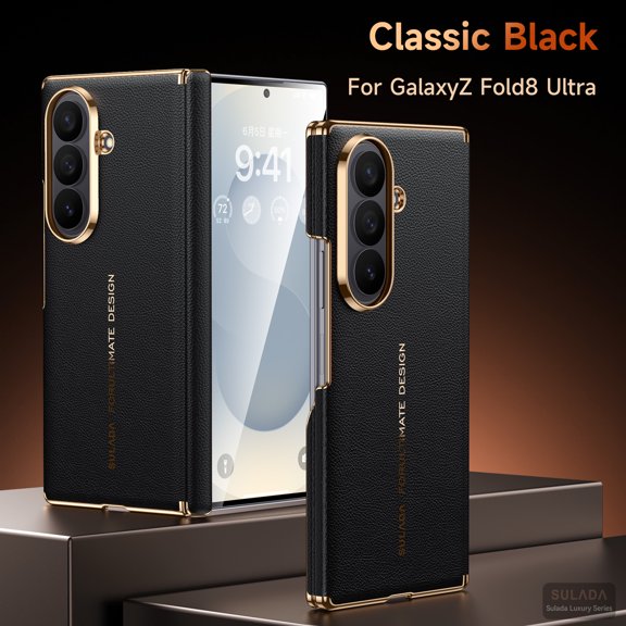 ELEHOLD Electroplated Leather Texture Case for Samsung Galaxy Z Fold8 Ultra, Rigid PC Magnetic Slim Protective Cover with Hinge Guard, Black