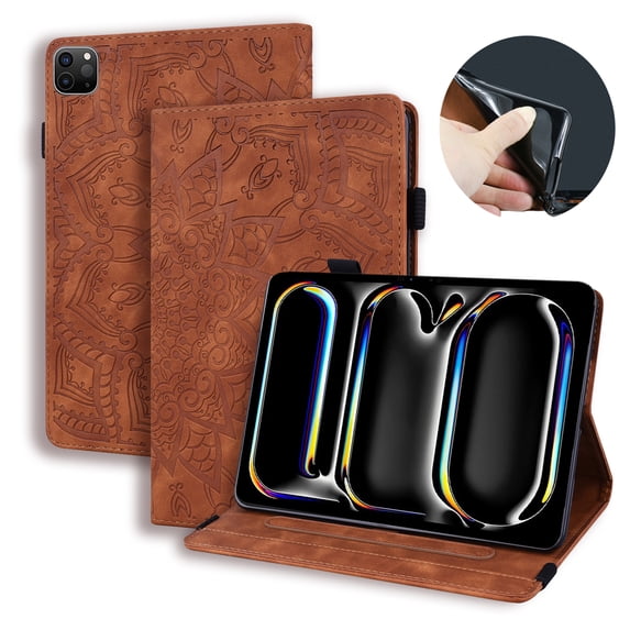 ELEHOLD Embossed Flower Pattern Case for iPad Pro 13 inch 2024,Premium PU Leather Folio Stand Flip Cover with Pen Holder & Card Slot for iPad Pro 13" 2024,Brown
