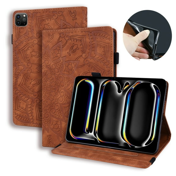 ELEHOLD Embossed Flower Pattern Case for iPad Pro 13 inch (M5) 2025,Premium PU Leather Folio Stand Flip Cover with Pen Holder & Card Slot for iPad Pro 13" 2025,Brown