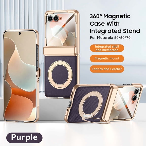 ELEHOLD Fabric Texture Case for Motorola Razr 2024/2025/2026, 360° Magnetic Kickstand Cover with Built-in HD/Privacy Screen Protector, Hinge Protection, Purple