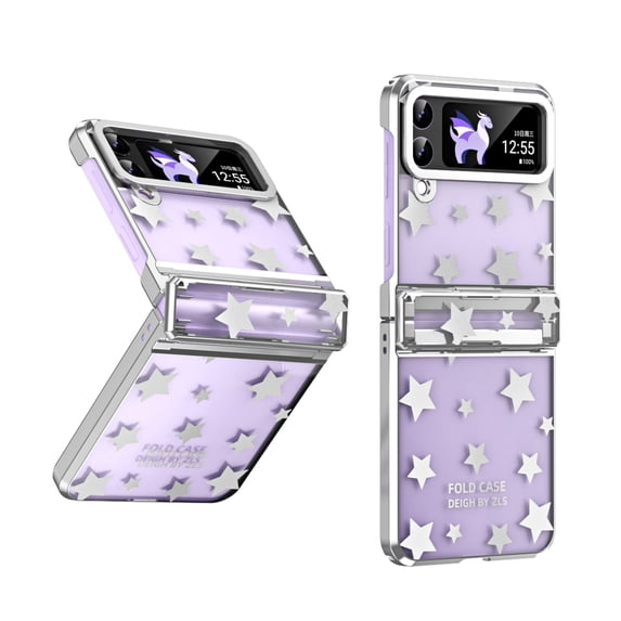 ELEHOLD Fashion Clear Case for Samsung Galaxy Z Flip 4,Clear Back PC Plating Bumper with Stars for Women Girls Hybrid Shockproof Full Body Hinge Protective Case for Samsung Galaxy Z Flip4,Silver