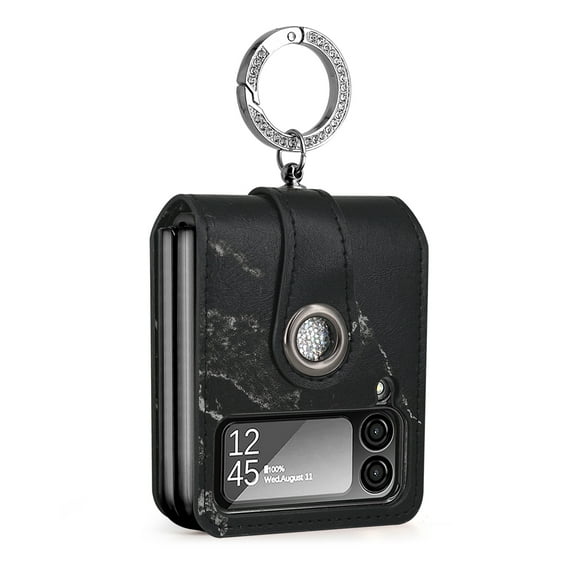 ELEHOLD Fashion Leather Case for Samsung Galaxy Z Flip 4 Luxury Slim Thin Beautiful Pattern Diamond Finger Ring Holder Shockproof Anti-Scratch Case ,Black