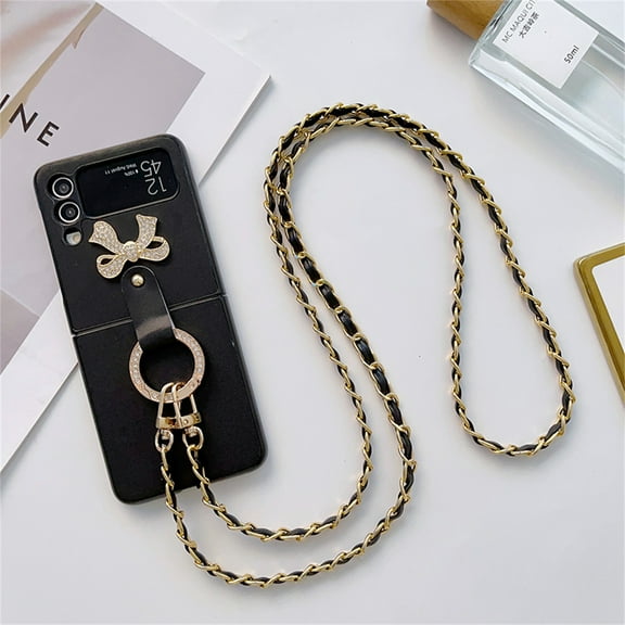 ELEHOLD Fashion Slim Case for Samsung Galaxy Z Flip 4 Folding Shockproof Scratch-Resistant Lightweight Case with Ring Chain Strap,Black