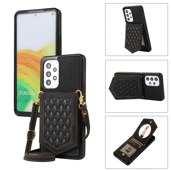 ELEHOLD Fashion Wallet Case for Samsung Galaxy A53 5G Argyle Pattern Leather RFID Bocking Card Slots Hidden Mirror Stand Function Magnetic Button Adjustable Shoulder Strap,Black