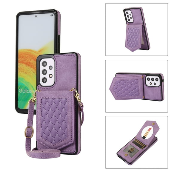 ELEHOLD Fashion Wallet Case for Samsung Galaxy A53 5G Argyle Pattern Leather RFID Bocking Card Slots Hidden Mirror Stand Function Magnetic Button Adjustable Shoulder Strap,Purple