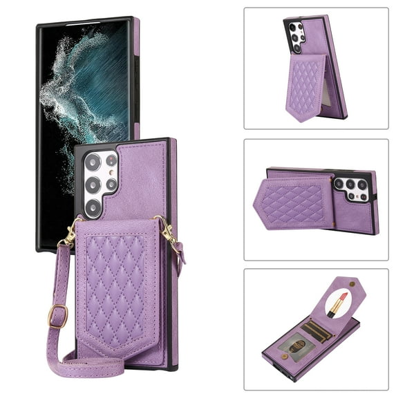 ELEHOLD Fashion Wallet Case for Samsung Galaxy S22 Ultra Argyle Pattern Leather RFID Bocking Card Slots Hidden Mirror Stand Function Magnetic Button Adjustable Shoulder Strap,Purple