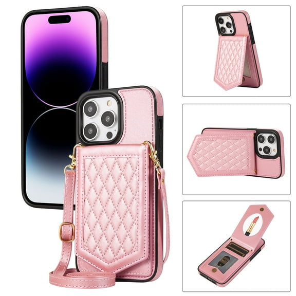 ELEHOLD Fashion Wallet Case for iPhone 14 Pro Max 6.7 inch Argyle Pattern Leather RFID Bocking Card Slots Hidden Mirror Stand Function Magnetic Button Adjustable Shoulder Strap Shockproof,Rosegold