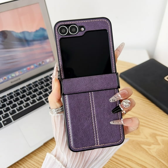 ELEHOLD Faux Leather Back Case for Samsung Galaxy Z Flip 7 2025, Non-Slip Shockproof Protective Cover with Hinge Cover for Samsung Galaxy Z Flip 7 2025 ,Purple