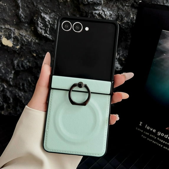 ELEHOLD Faux Leather Case for Motorola Razr Ultra 2025 /Razr 60 Ultra with Ring Holder, Shock-Absorbent Non-Slip Anti-Scratch Ring Stand Shockproof Case Hinge Cover,Lightgreen