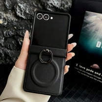 ELEHOLD Faux Leather Case for Motorola Razr Ultra 2025 /Razr 60 Ultra with Ring Holder, Shock-Absorbent Non-Slip Anti-Scratch Ring Stand Shockproof Case Hinge Cover,Black