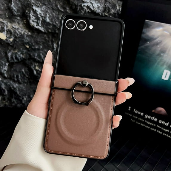 ELEHOLD Faux Leather Case for Motorola Razr Ultra 2025 /Razr 60 Ultra with Ring Holder, Shock-Absorbent Non-Slip Anti-Scratch Ring Stand Shockproof Case Hinge Cover,Brown