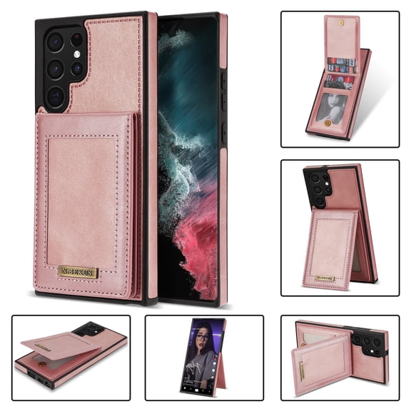 ELEHOLD Flip Back Leather Wallet Case for Samsung Galaxy S23 Ultra with RFID Blocking Card Slots Holders Magnetic Buckle Kickstand Function Elegant Business Style Men Women Case,Rosegold