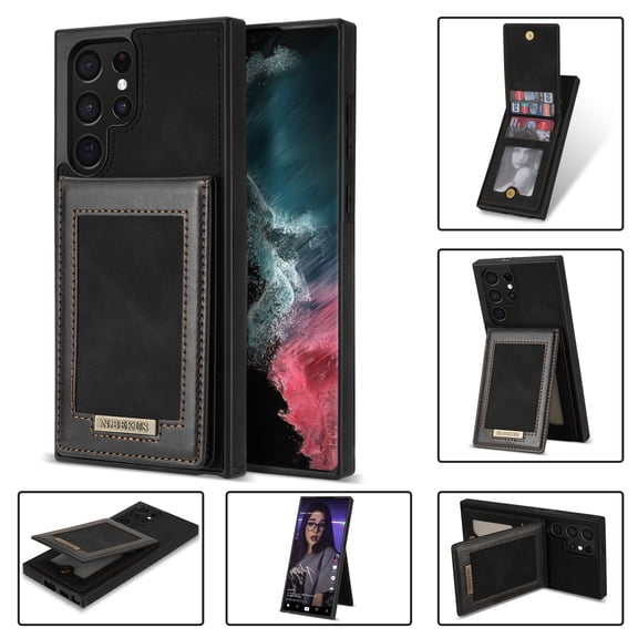 ELEHOLD Flip Back Leather Wallet Case for Samsung Galaxy S23 Ultra with RFID Blocking Card Slots Holders Magnetic Buckle Kickstand Function Elegant Business Style Men Women Case,Black