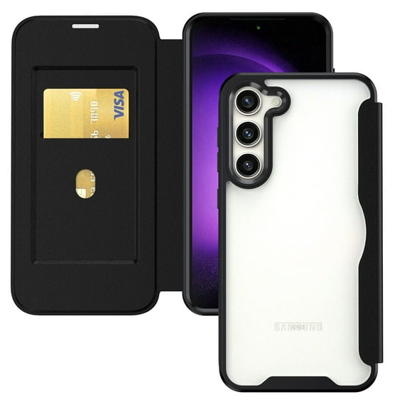 ELEHOLD Flip Case for Samsung Galaxy S23 Plus Wallet Case with built-in Card Holder Transparent Clear Back RFID Blocking Function Full Protection Shockproof Case Cover,black