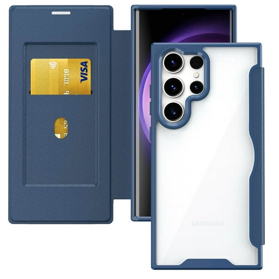 ELEHOLD Flip Case for Samsung Galaxy S23 Ultra Wallet Case with built-in Card Holder Transparent Clear Back RFID Blocking Function Full Protection Shockproof Case Cover,blue