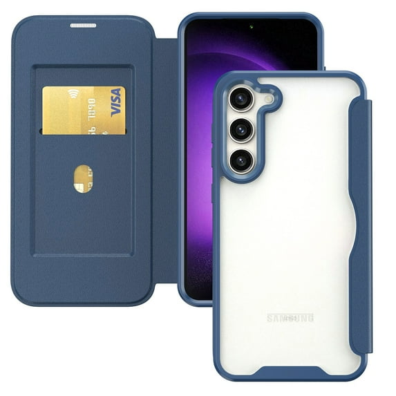 ELEHOLD Flip Case for Samsung Galaxy S23 Wallet Case with built-in Card Holder Transparent Clear Back RFID Blocking Function Full Protection Shockproof Case Cover,blue