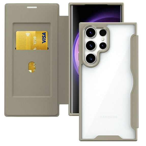 ELEHOLD Flip Case for Samsung Galaxy S24 Ultra Wallet Case with built-in Card Holder Transparent Clear Back RFID Blocking Function Full Protection Shockproof Case Cover,khaki